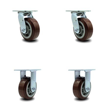 Service Caster 5 Inch Polyurethane Caster Set with Ball Bearing 2 Swivel 2 Rigid SCC-30CS520-PPUB-2-R520-2